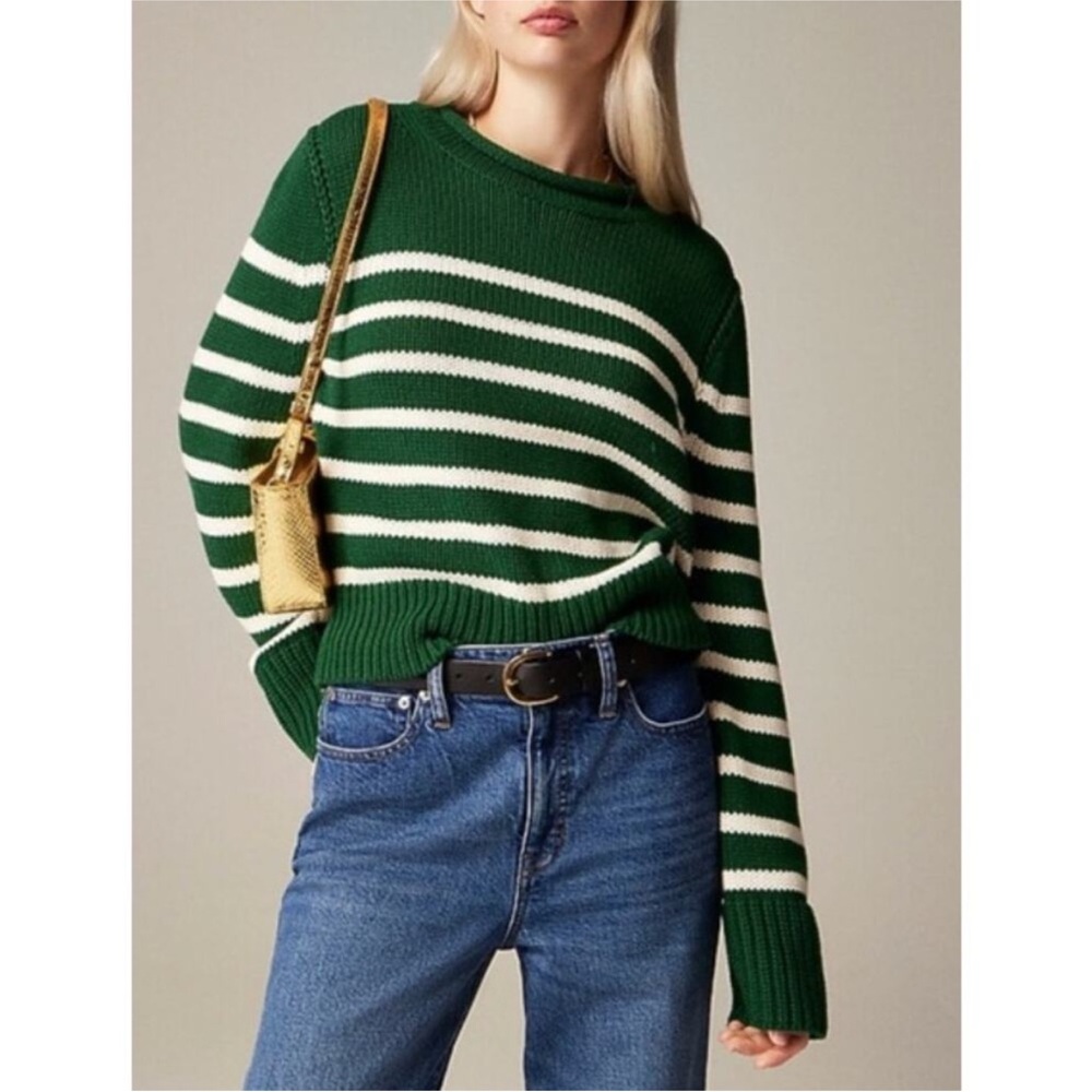 J Crew Heritage Cotton Rollneck - Green and White Striped - XS